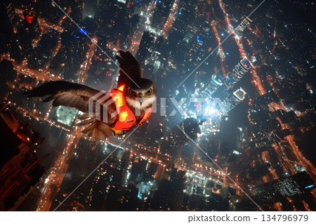 Majestic Eagle Wearing Reflective Vest Soaring Over City Lights at Night Majestic Eagle Wearing Reflective Vest Soaring Over City Lights at Night 134796979
