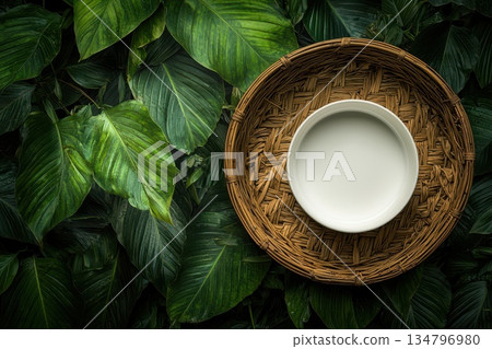 White Container on Woven Basket Surrounded by Lush Green Leaves 134796980