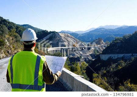 Engineer in White Hard Hat Observing Construction Project from Back View 134796981