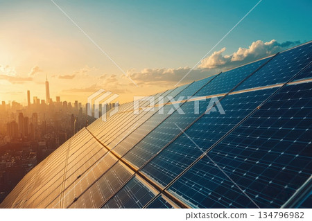 Modern Cityscape with Solar Panels Reflecting Sunset Light over Urban Skyline 134796982