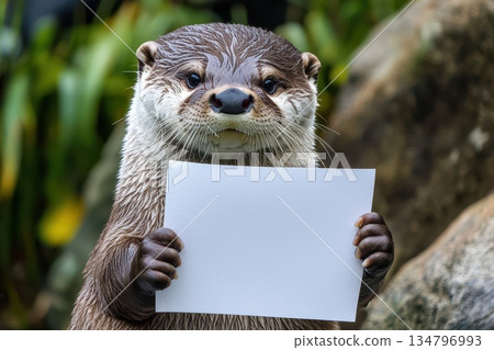 Cute Baby Otter Holding a Blank White Sign with Playful Expression 134796993