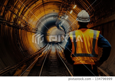 Worker in Reflective Vest Inside Tunnel Overseeing Construction Process 134796999