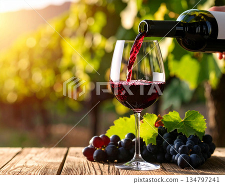 Red wine, wine glasses, vineyard Red wine, wine glasses, vineyard 134797241