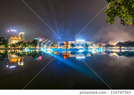 Light Show at Turtle Tower, Hoan Kiem Lake, Hanoi, Vietnam 134797393
