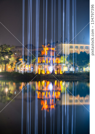 Light Show at Turtle Tower, Hoan Kiem Lake, Hanoi, Vietnam 134797396