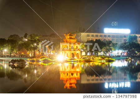 Light Show at Turtle Tower, Hoan Kiem Lake, Hanoi, Vietnam 134797398