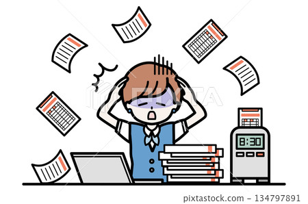A vector illustration depicting the stress of overtime work with lots of paperwork, card counting, and mistakes 134797891
