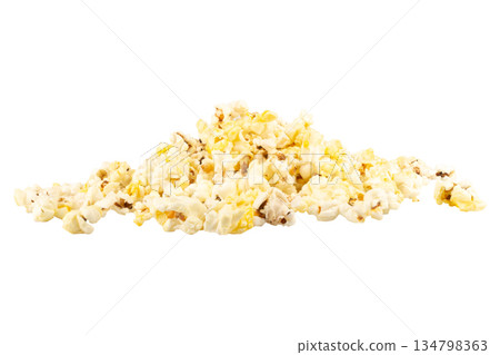 Popcorn pile bag isolated on white background Popcorn pile bag isolated on white background 134798363
