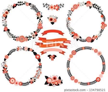Black and red floral vector wreath borders with ribbons and flower bouquets for invitations, greeting cards and background designs 134798521