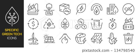 Specific Green Tech icon set. It includes Carbon Capture, Carbon, Utilization, Hydrogen, Electrolysis, clean energy, and more icons. 134798540
