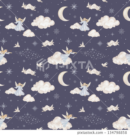 Seamless pattern with cute Christmas angel trumpets with light hair and blue dress. Hand drawn illustration repeat ornament with snowflakes children's design and beige birds among the clouds moon. 134798858
