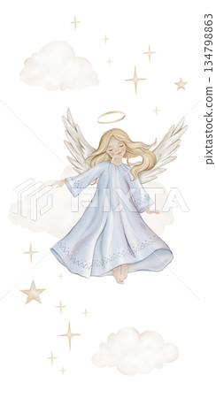 Christmas vertical composition with angel with light hair and nimbus. Watercolor illustration Christian Nativity angel with wings and stars and clouds for religious baptism invitation. 134798863