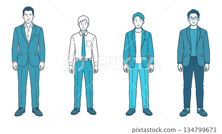 Full-body illustration set of men in business suits, office wear, and people (AI-created) 134799671