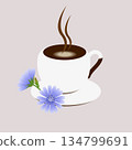 A cup of coffee with chicory leaves on a gray background. 134799691