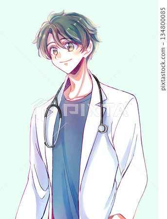 A refreshing man wearing a white coat, black hair, stethoscope A refreshing man wearing a white coat, black hair, stethoscope 134800085