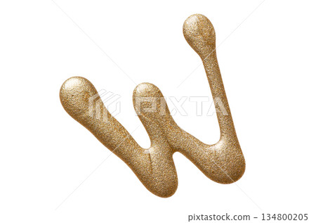 A sample of gold nail polish with a shimmer and metallic effect. Isolated on a white background. 134800205