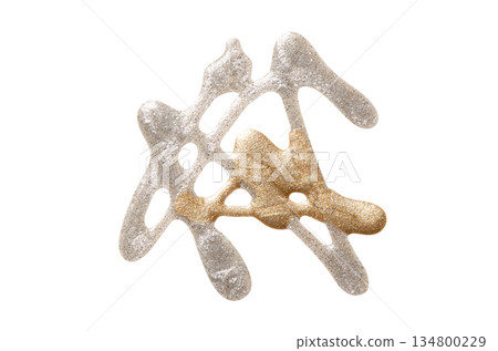 A sample of silver and gold nail polish with a shimmer and metallic effect. Isolated on a white background. 134800229