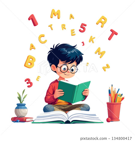 Vsai boy learning reading and literacy, surrounded by letters and numbers Vsai boy learning reading and literacy, surrounded by letters and numbers 134800417
