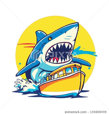 Vsai hungry cartoon shark attacking yellow fishing boat Vsai hungry cartoon shark attacking yellow fishing boat 134800439