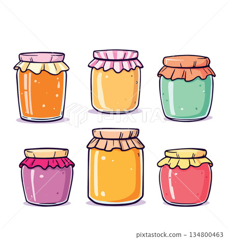 Vsai colorful jam jars with fruit preserves illustration Vsai colorful jam jars with fruit preserves illustration 134800463
