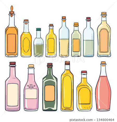 Vsai many bottles containing various liquids and alcohol beverages 134800464