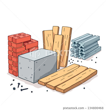 Vsai construction materials presenting bricks, wood, concrete, and metal profiles 134800468