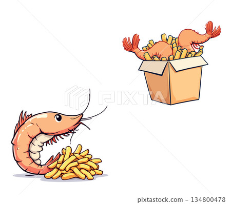 Vsai cartoon shrimp and french fries fast food meal 134800478