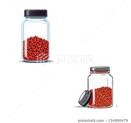 Vsai glass jars containing red seeds, one open Vsai glass jars containing red seeds, one open 134800479
