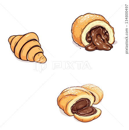 Vsai croissant and chocolate pastries vector illustration set Vsai croissant and chocolate pastries vector illustration set 134800497