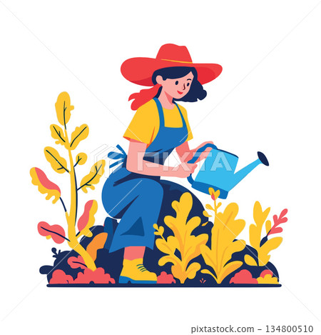 Vsai woman gardening hobby watering plants in nature 134800510