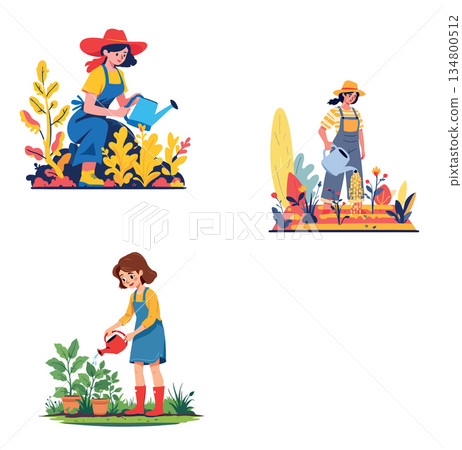Vsai women gardening and watering plants in outdoor settings 134800512
