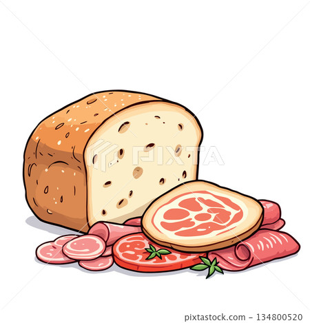 Vsai bread loaf with sliced ham and fresh tomatoes 134800520