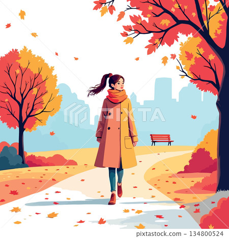 Vsai woman walking in autumn park, falling leaves Vsai woman walking in autumn park, falling leaves 134800524