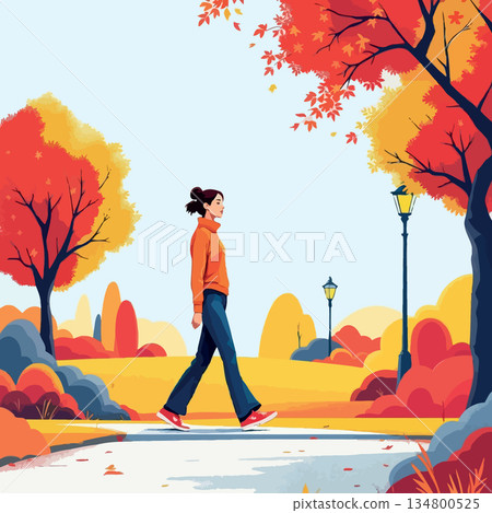 Vsai woman enjoying peaceful autumn walk in park Vsai woman enjoying peaceful autumn walk in park 134800525