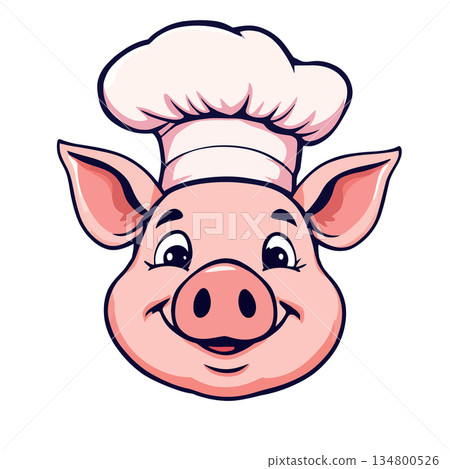 Vsai smiling pig chef mascot wearing a toque Vsai smiling pig chef mascot wearing a toque 134800526