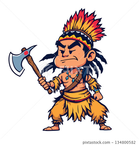 Vsai indigenous warrior cartoon character holding a tomahawk 134800582