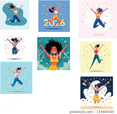 Vsai women jumping celebrating success with confetti and stars Vsai women jumping celebrating success with confetti and stars 134800585