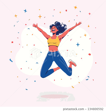Vsai woman jumping celebrating achievement with confetti and stars 134800592