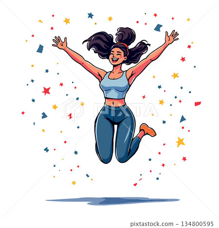 Vsai happy woman jumping celebrating success with confetti Vsai happy woman jumping celebrating success with confetti 134800595