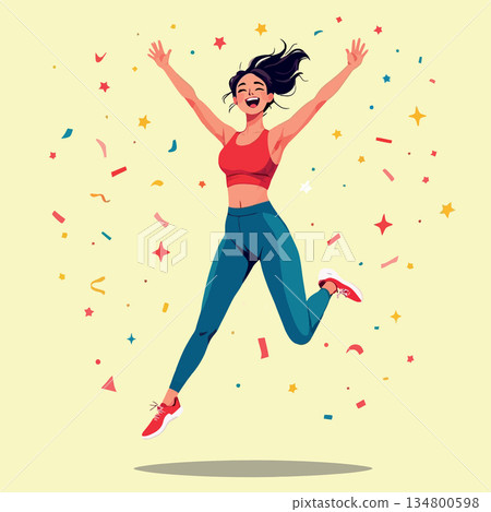Vsai woman jumping with arms raised celebrating success and achievement Vsai woman jumping with arms raised celebrating success and achievement 134800598