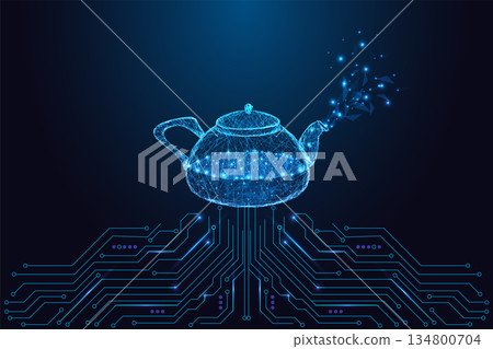Digital teapot tech concept with a glowing low-poly kettle emitting neon particles. 134800704