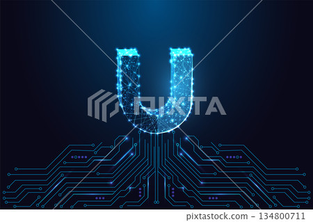 Digital neon magnet above circuit board in glowing low-poly futuristic tech style, vector Digital neon magnet above circuit board in glowing low-poly futuristic tech style, vector 134800711