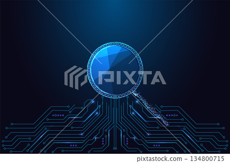 Search technology, data analysis and digital research concept with magnifying glass on circuit board Search technology, data analysis and digital research concept with magnifying glass on circuit board 134800715