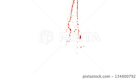 Photograph capturing a dramatic blood splash on a clean white background. The red liquid forms organic droplets and abstract shapes. Ideal for horror, medical, or artistic use. 134800792