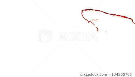 Photograph capturing a dramatic blood splash on a clean white background. The red liquid forms organic droplets and abstract shapes. Ideal for horror, medical, or artistic use. 134800795