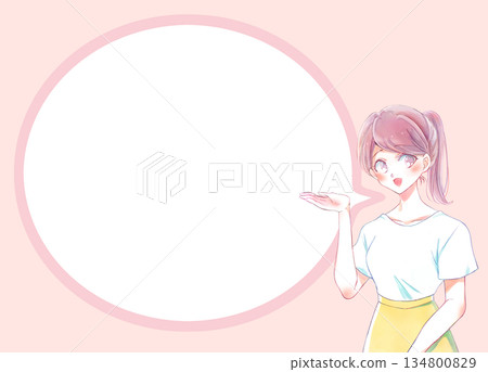 A woman with a ponytail giving directions, smiling, speech bubble 134800829