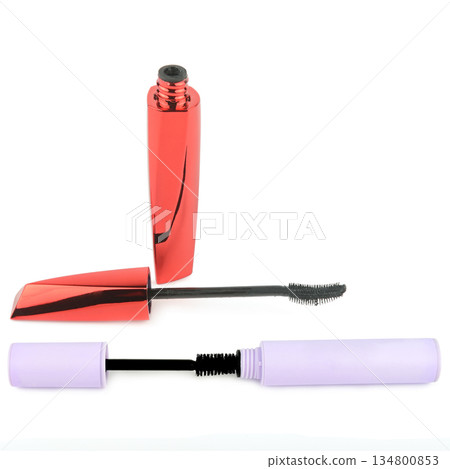 Makeup beauty products set with black mascara brushes. 134800853