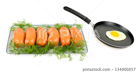Traditional morning meal with protein rich sausages and sunny side up egg. Traditional morning meal with protein rich sausages and sunny side up egg. 134800857