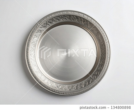 Culinary preparation. Metal tray isolated on white background. Serving plate. Top view. 134800898