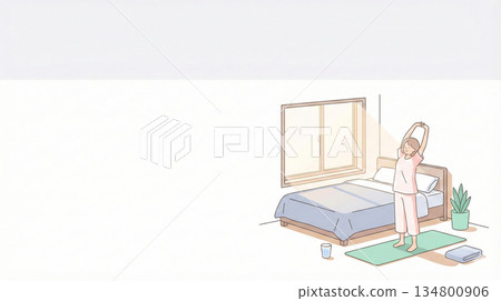 晨間伸展:一位女士在臥室伸展身體,晨間例行活動,空間已包含 晨間伸展:一位女士在臥室伸展身體,晨間例行活動,空間已包含 134800906